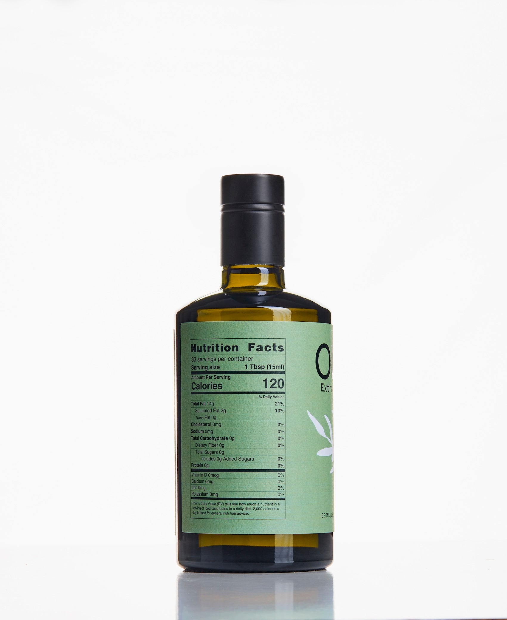 Bottle of olive oil with a nutrition facts label on a white background