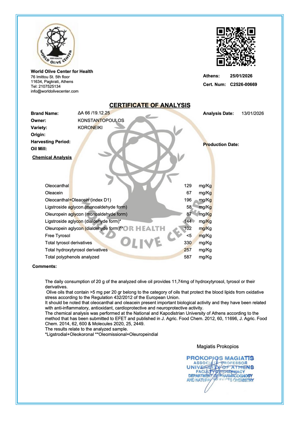 Certificate of Analysis for olive oil with detailed chemical analysis and branding.