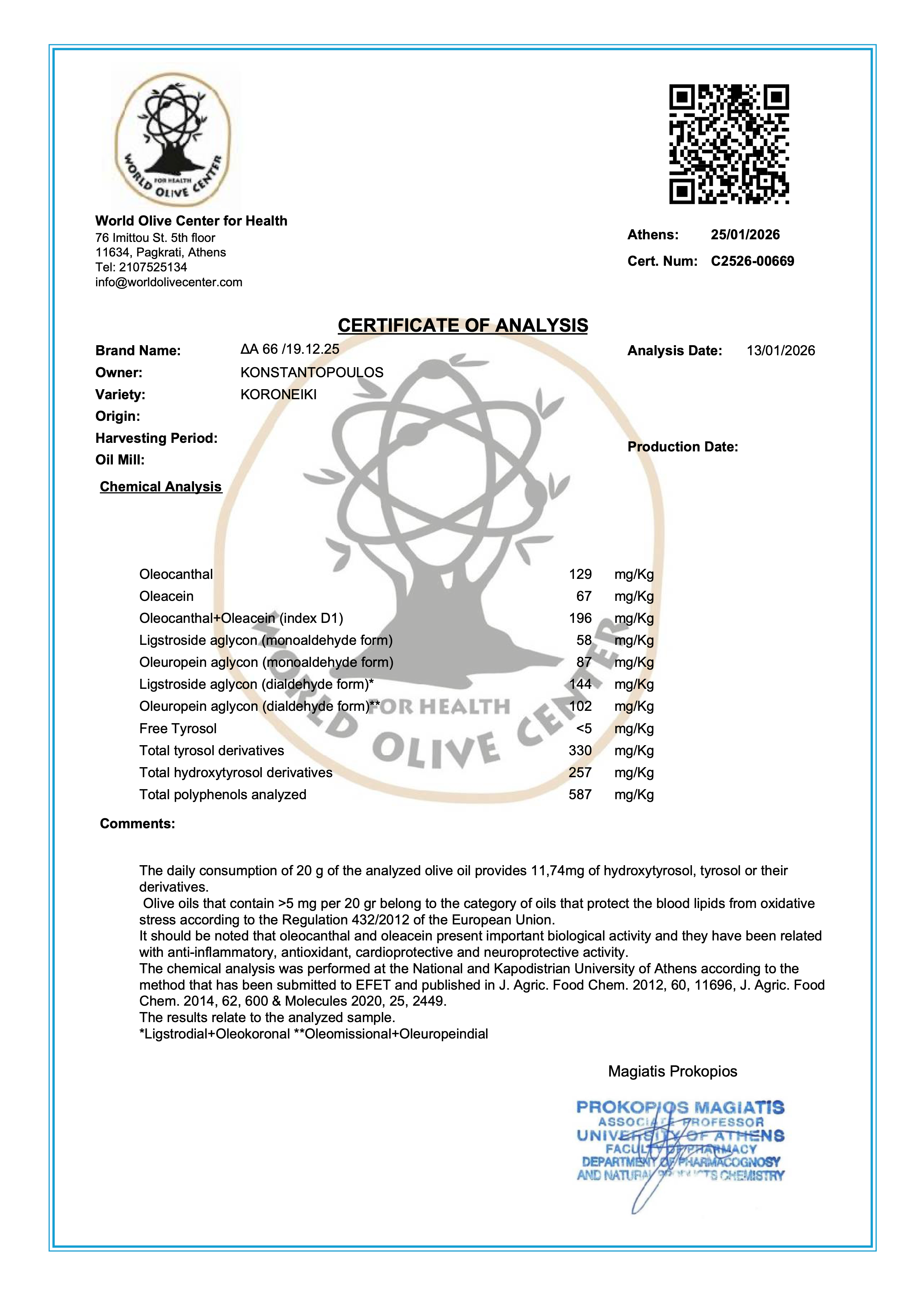 Certificate of Analysis for olive oil with detailed chemical analysis and branding.